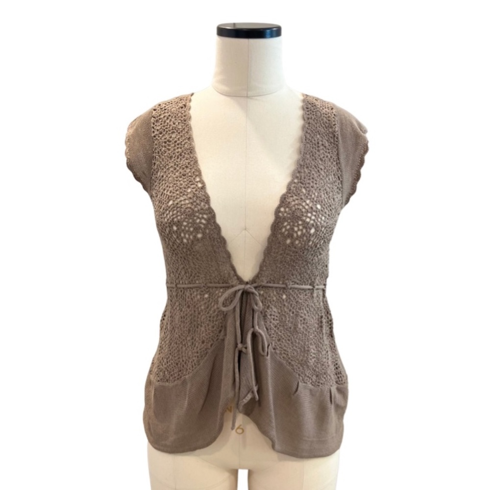 NWOT Kersh Taupe Crochet Tie Waist Vest Sz S